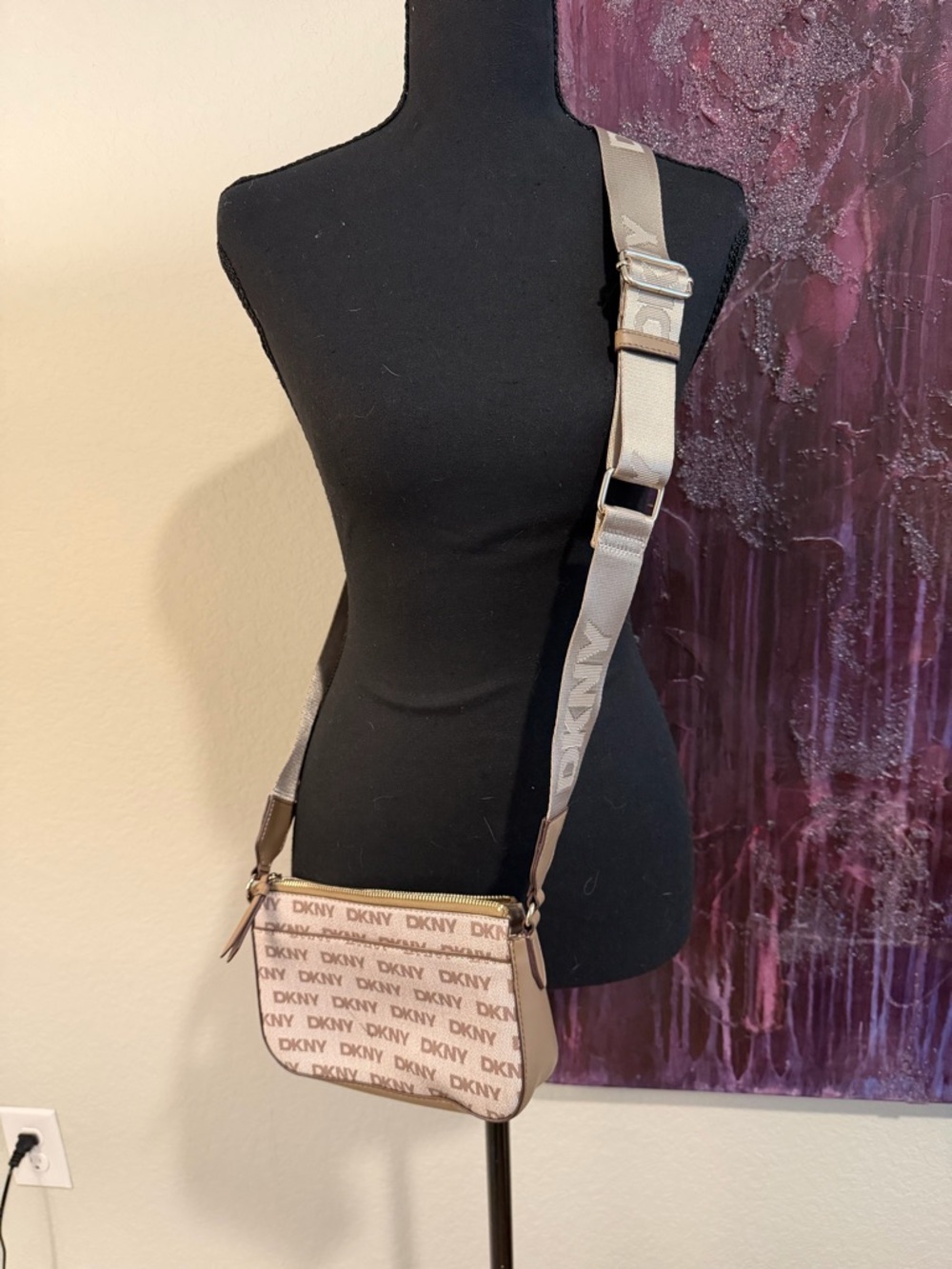 DKNY Beige Logo Monogram Crossbody with Adjustable Strap